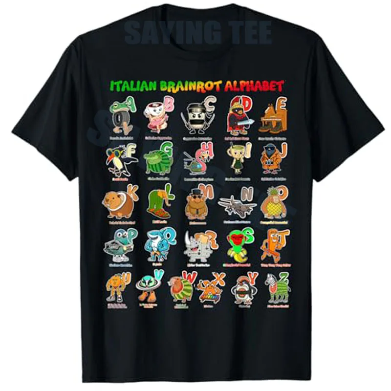 

Italian BRAINROT Alphabet Funny Meme Genz Character T-Shirt Boys Fashion Graphic Outfit Y2k Humor Sons Birthday Tee Novelty Gift