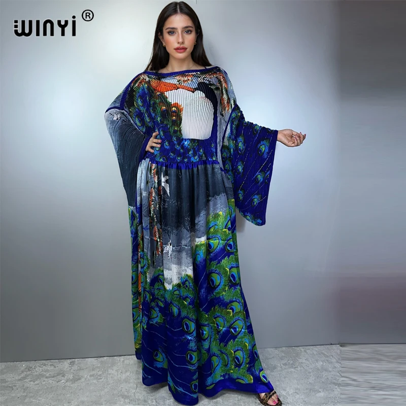 

WINYI Pleated Elastic loose dress holiday beach cover up maxi kaftan abaya dubai luxury party dresses evening dress Caftan