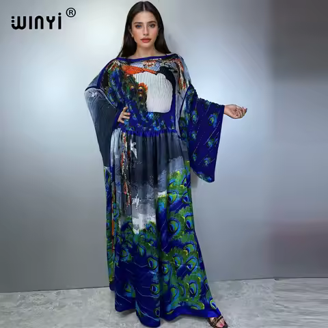 WINYI Pleated Elastic loose dress holiday beach cover up maxi kaftan abaya dubai luxury party dresses evening dress Caftan
