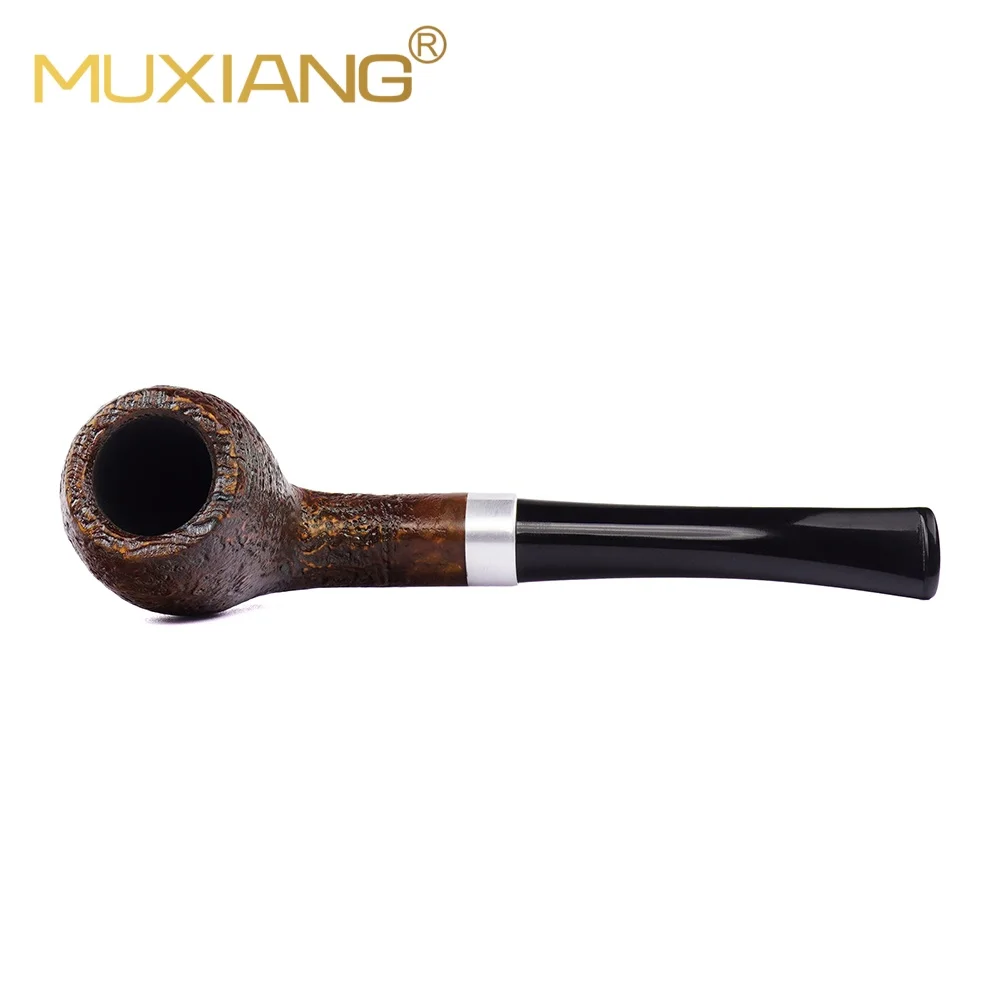 MUXIANG Sandblasted Briar Wood Tobacco Pipe Dark Finish Cumberland Mouthpiece Silver Ring 3mm Airway For Pipe Collectors