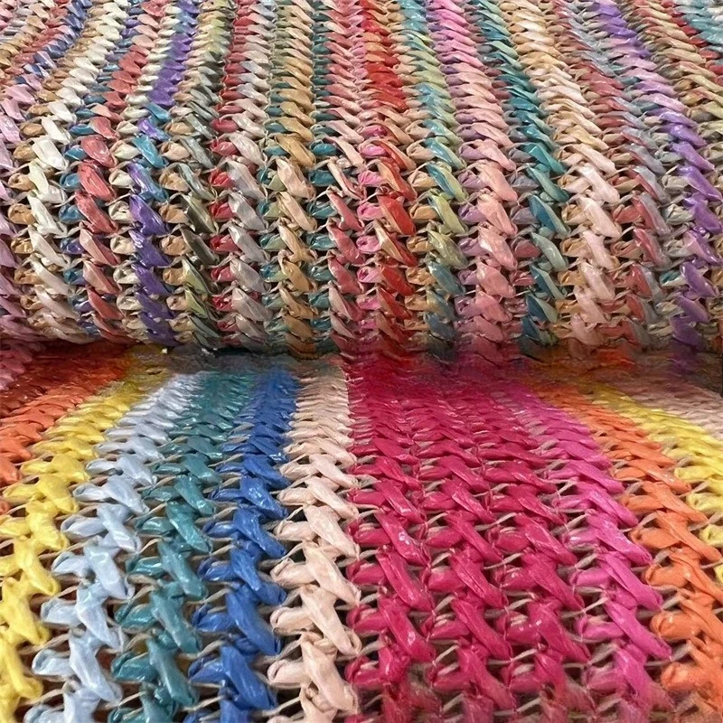 

Splicing Rainbow Strip Grass Mat Pattern PP Grass Raffia Woven Fabric PP Straw Fabric Beach Straw Hand Bag Material 1/3/5yard