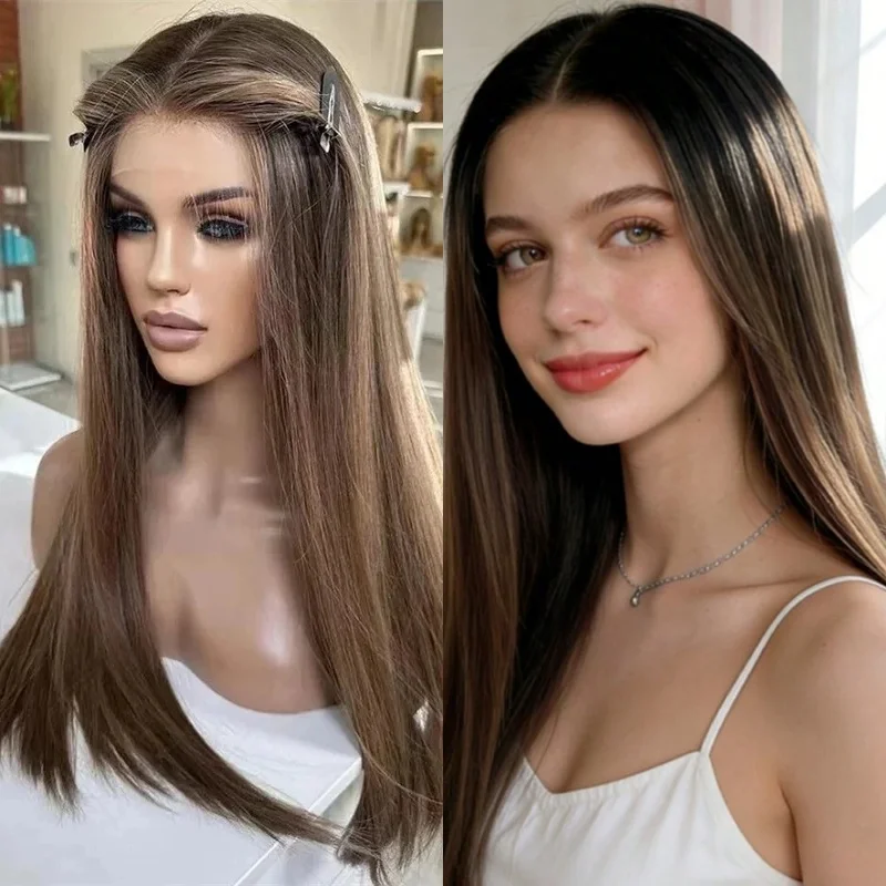 

Парик для вечеринок и повседневного использования, синтетический, с эффектом омбре, шоколадно-коричневый с прядями, с HD-кружевной передней частью, мягкий, длинный, прямой, для женщин любого цвета кожи