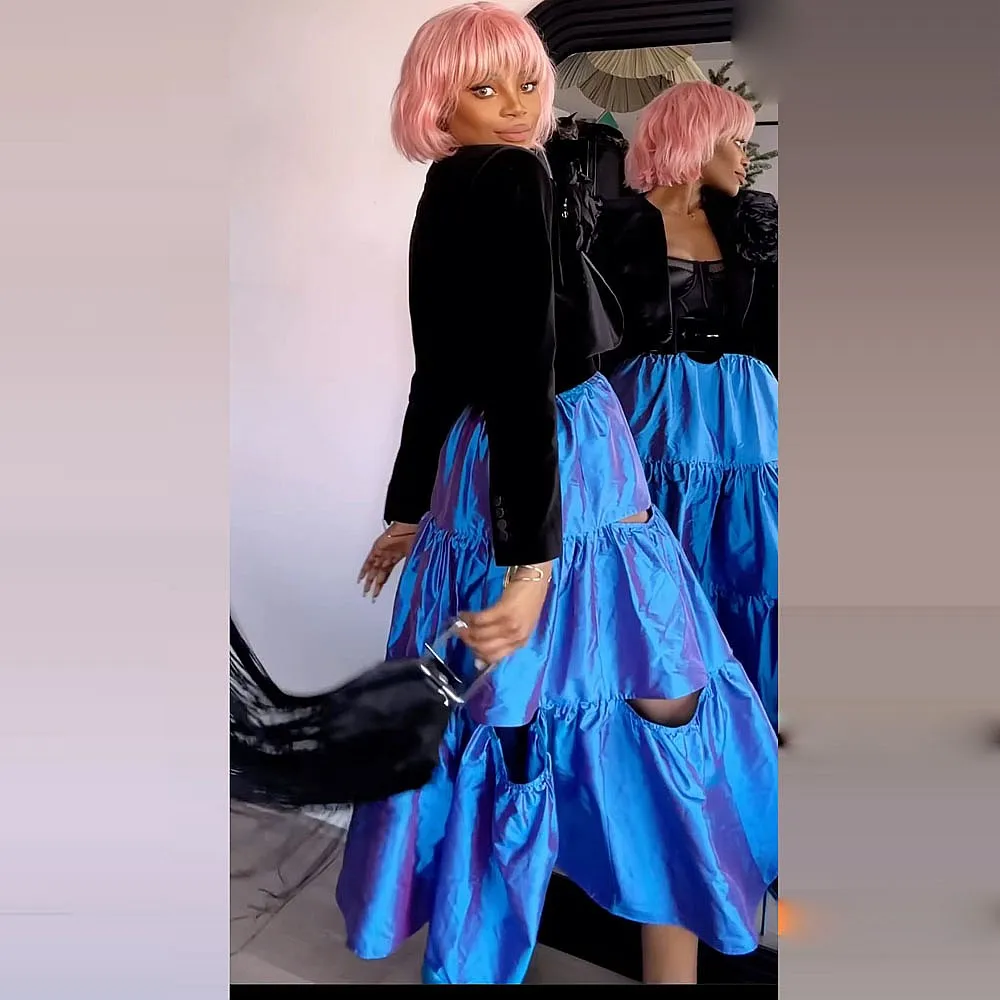 

Элегантная синяя атласная юбка А-силуэта с вырезами, длиной миди, для вечеринок, свадеб, офиса, для женщин