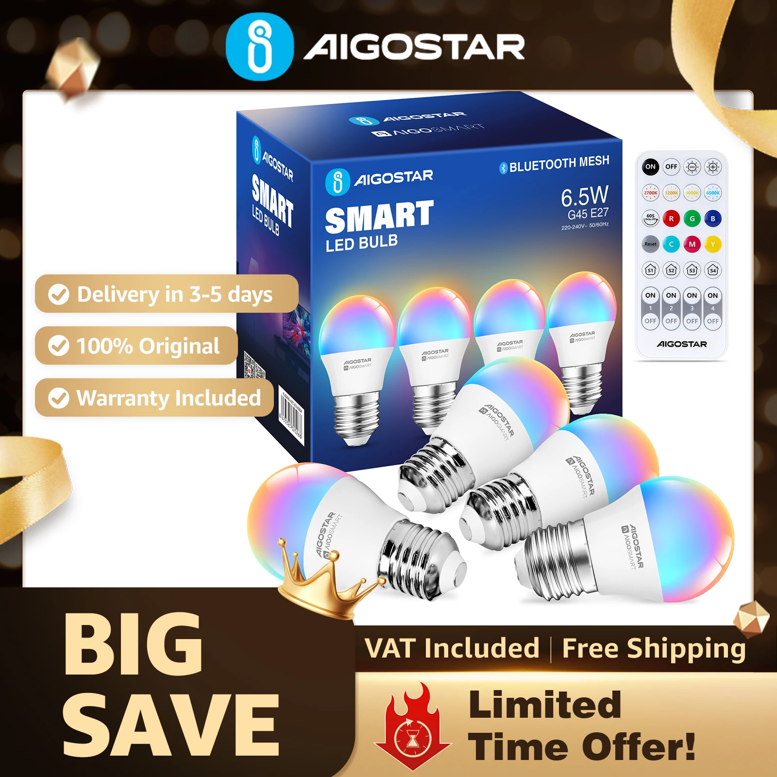 Aigostar Bombilla Inteligente G45 Bluetooth Mesh 6.5W 555LM | RGB+CCT Regulable, Mando Incluido | Compatible Alexa/Google