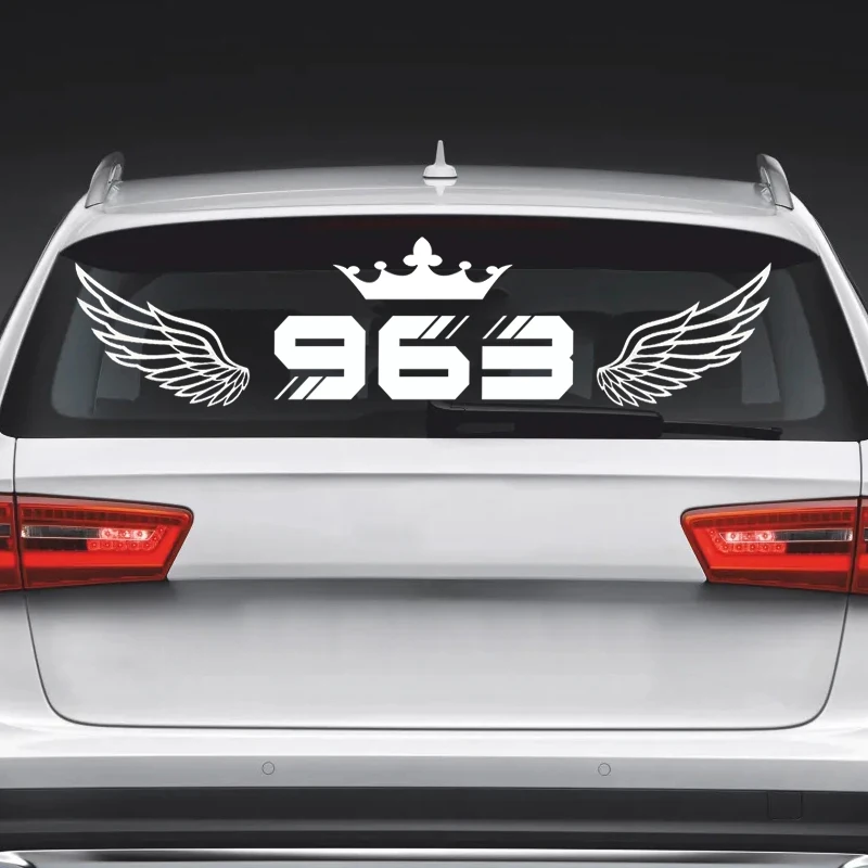 Number 963 with Crown and Wings Pattern Car Sticker Vinyl Decal for Rear Windshield Car Door and Home Wall Decoration