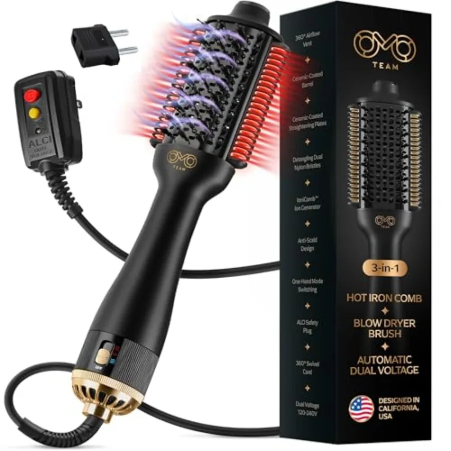 

Automatic Dual Voltage Blowout Brush Hair Dryer 4-in-1 Blow Drying Brush Ionic Hair Straightener w/No Heat Damage Light 1.3 lb
