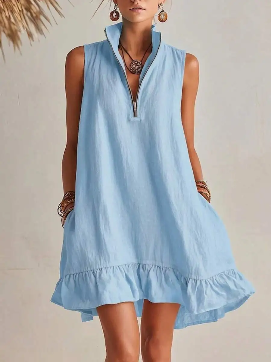 Ärmelloses Minikleid aus Leinenmischung für Damen, halber Reißverschluss, Stehkragen, Rüschensaum, lässiges Schrägkleid mit Taschen