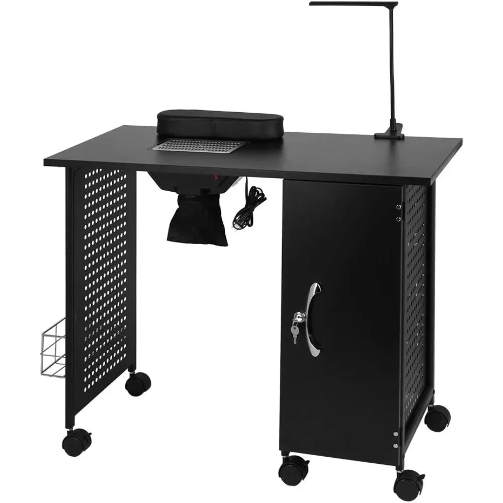 

Manicure Table Iron Frame, Nail Beauty Spa Salon Desk Workstation with Electric Downdraft Vent, Wrist Rest, Cabinet, Side Basket