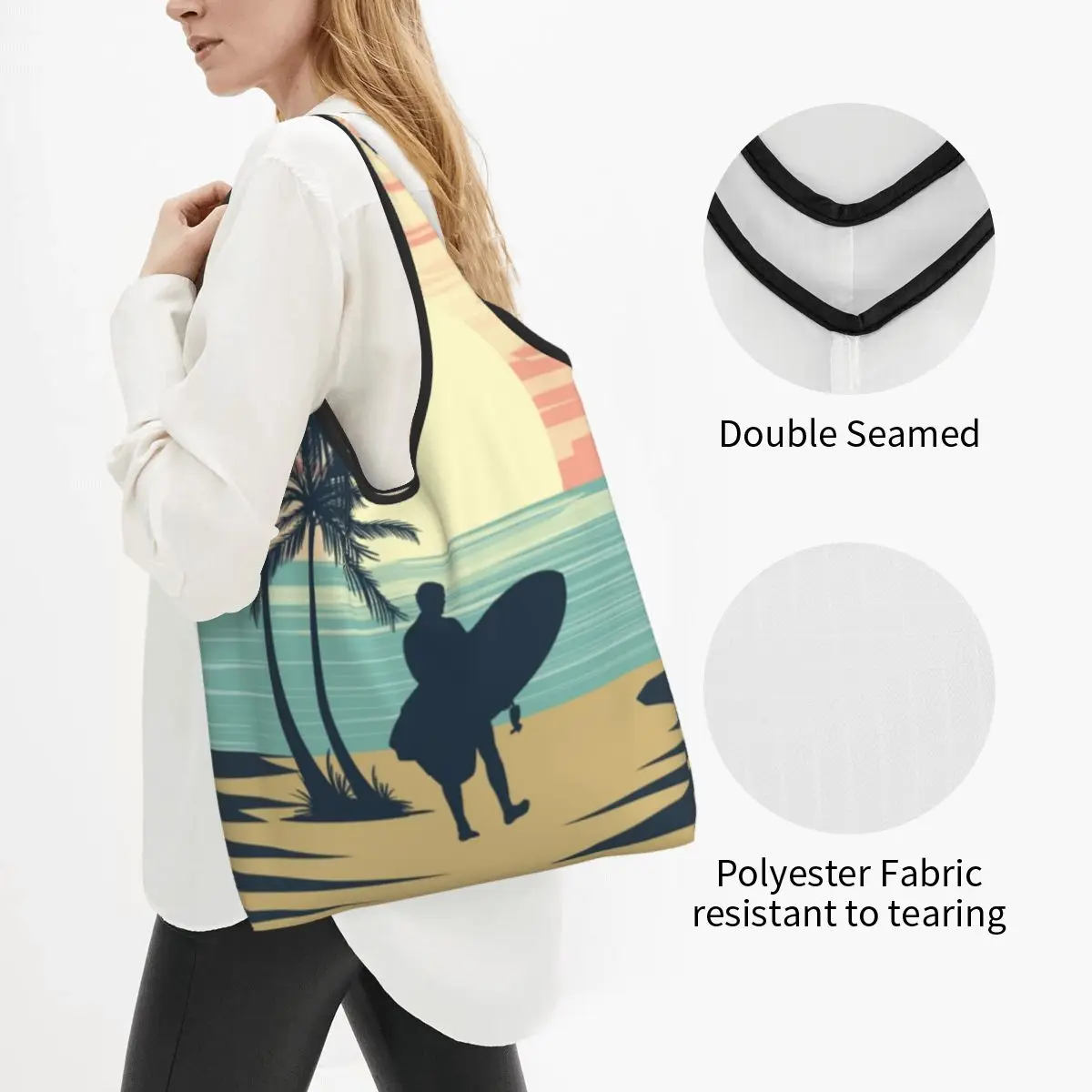 Retro Surfing Grocery Shopping Bags Custom Shopper Shoulder Tote Bag Big Capacity Portable Summer Beach Surfer Handbag