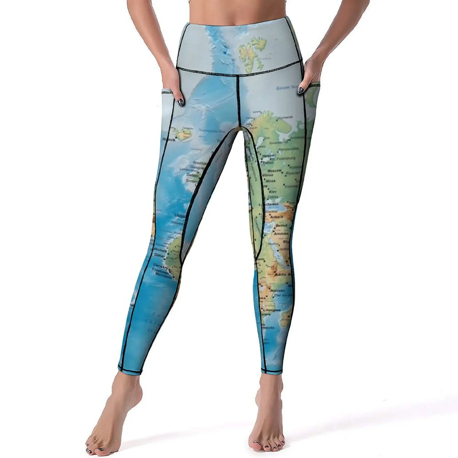 

World Map Leggings Sexy Country Map Art Workout Yoga Pants High Waist Stretch Sports Tights Pockets Vintage Design Leggins