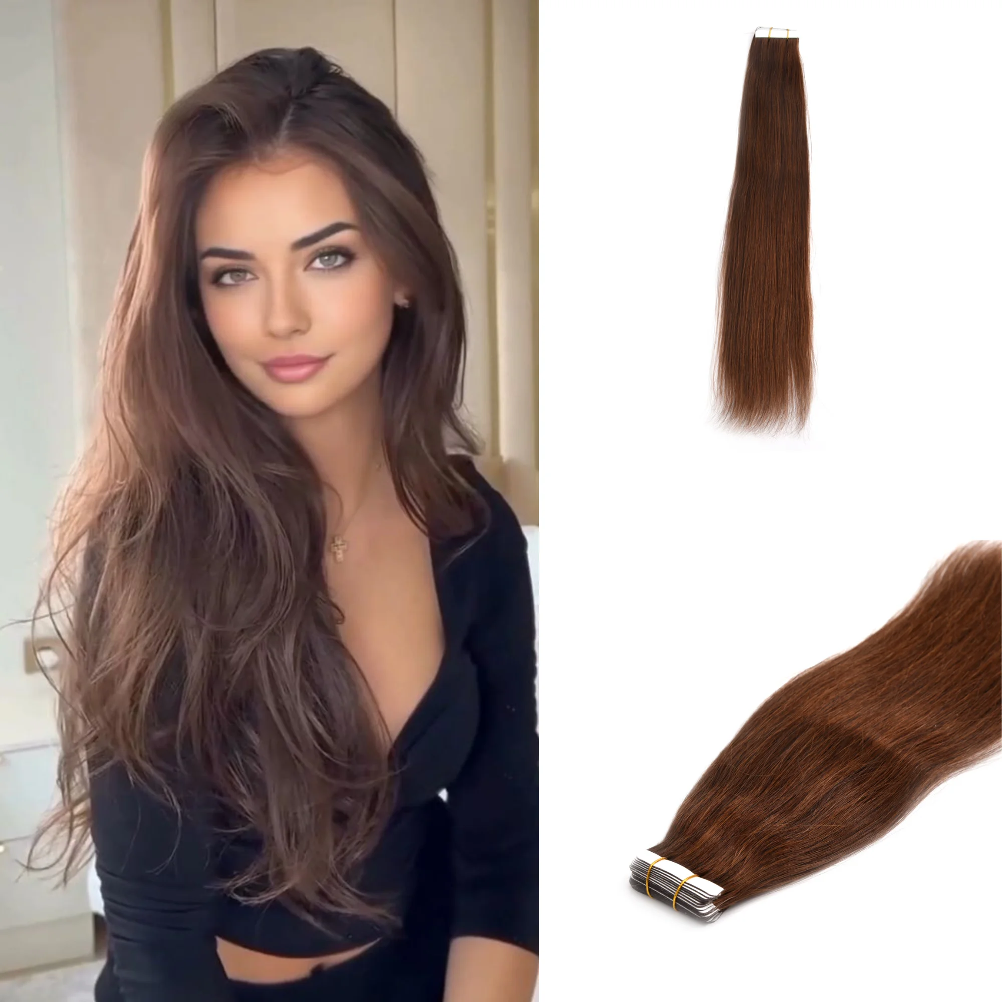 DESHI Tape in Hair Extensions Human Hair Real Natural Remy Hair Straight Seamless Skin Weft For Women Balayage 20Pcs Long Hair