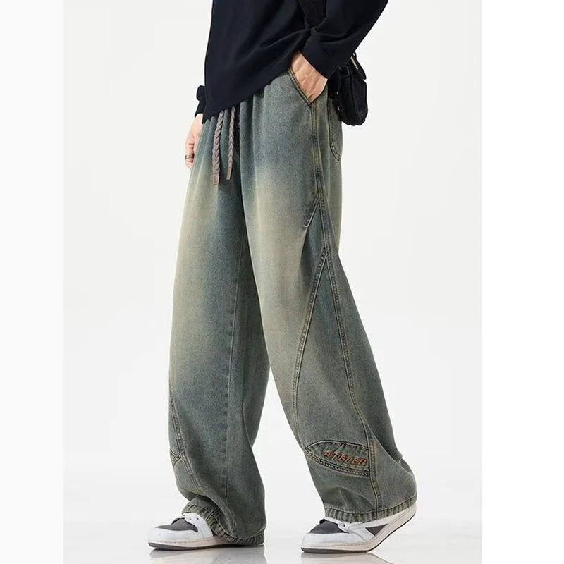 

Men Fashion Elastic Waist Jeans Autumn Trend Streetwear Vintage Baggy Straight Leg Denim Pants Male Versatile Casual Trousers