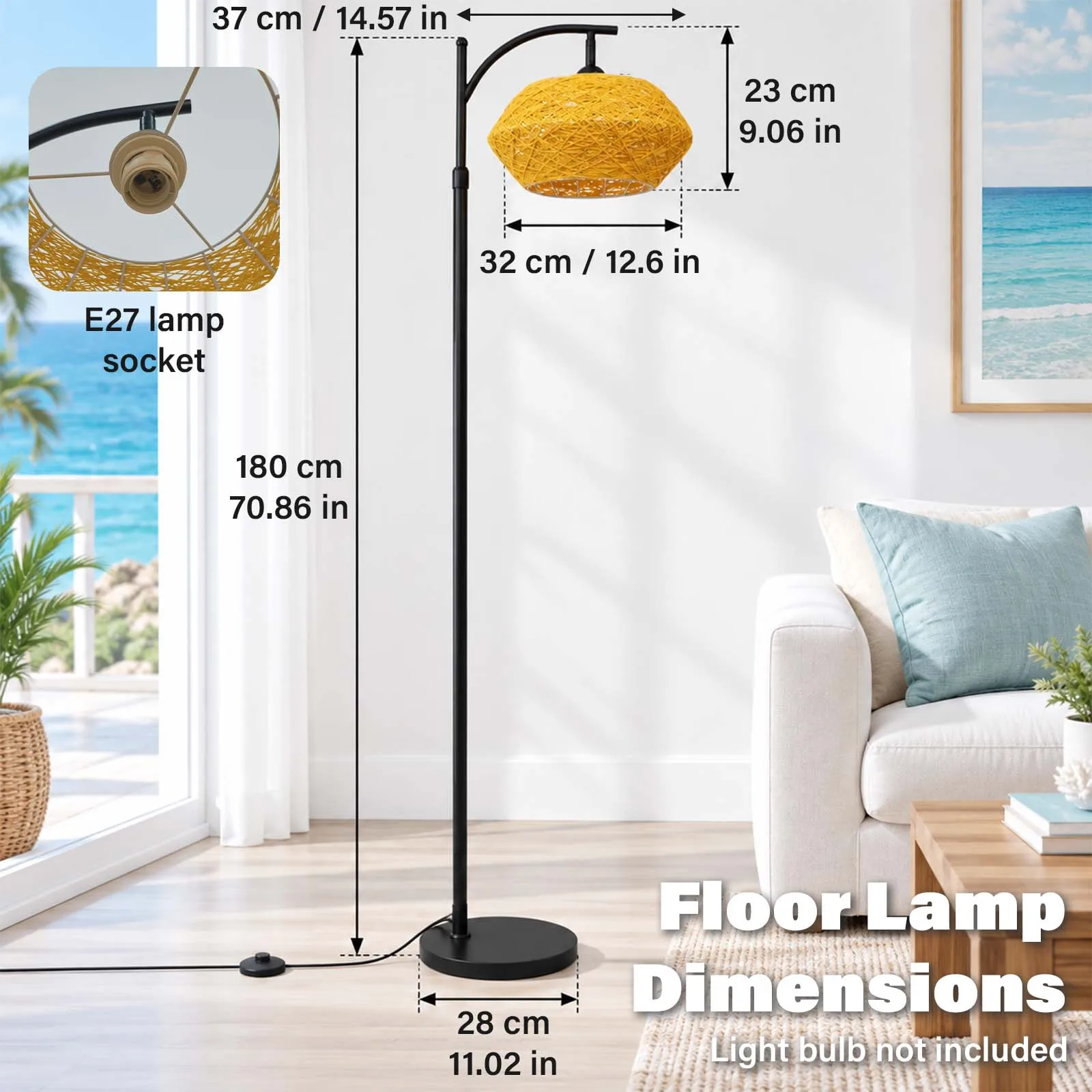 Floor Lamp, Yellow Diamond Woven Rattan Shade, Black Pole, Boho Bedroom Reading Corner