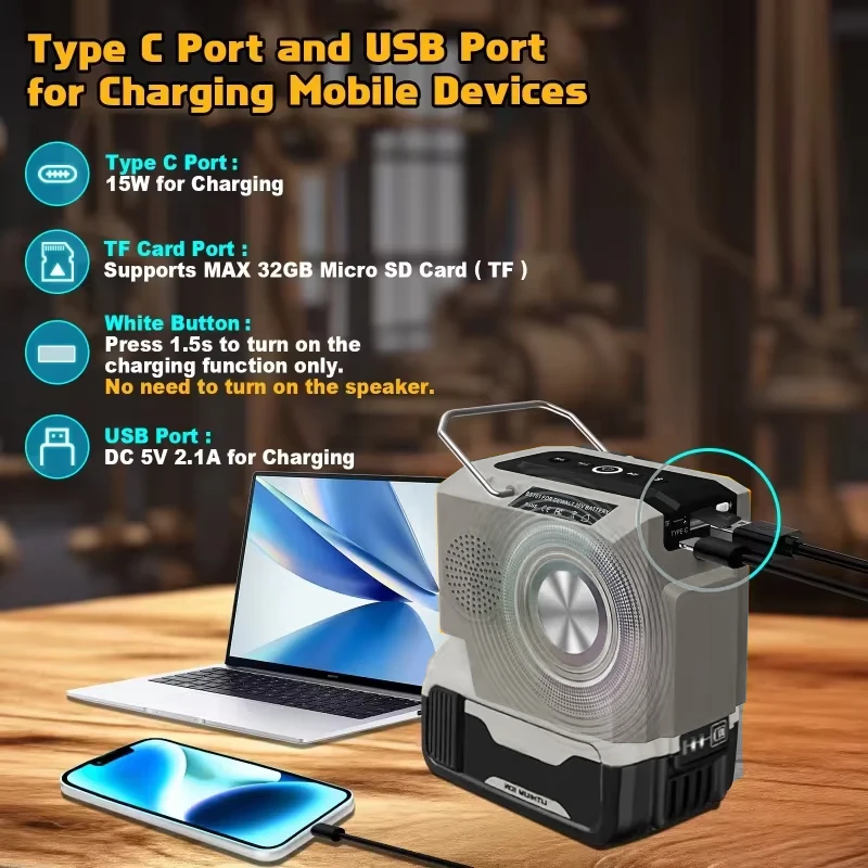 

Для аккумуляторов Dewalt/Makita/Milwaukee/Bosch 18-20В Li-ion: Bluetooth-колонка, радиоприемник, громкоговоритель с выходным портом USB Type-C