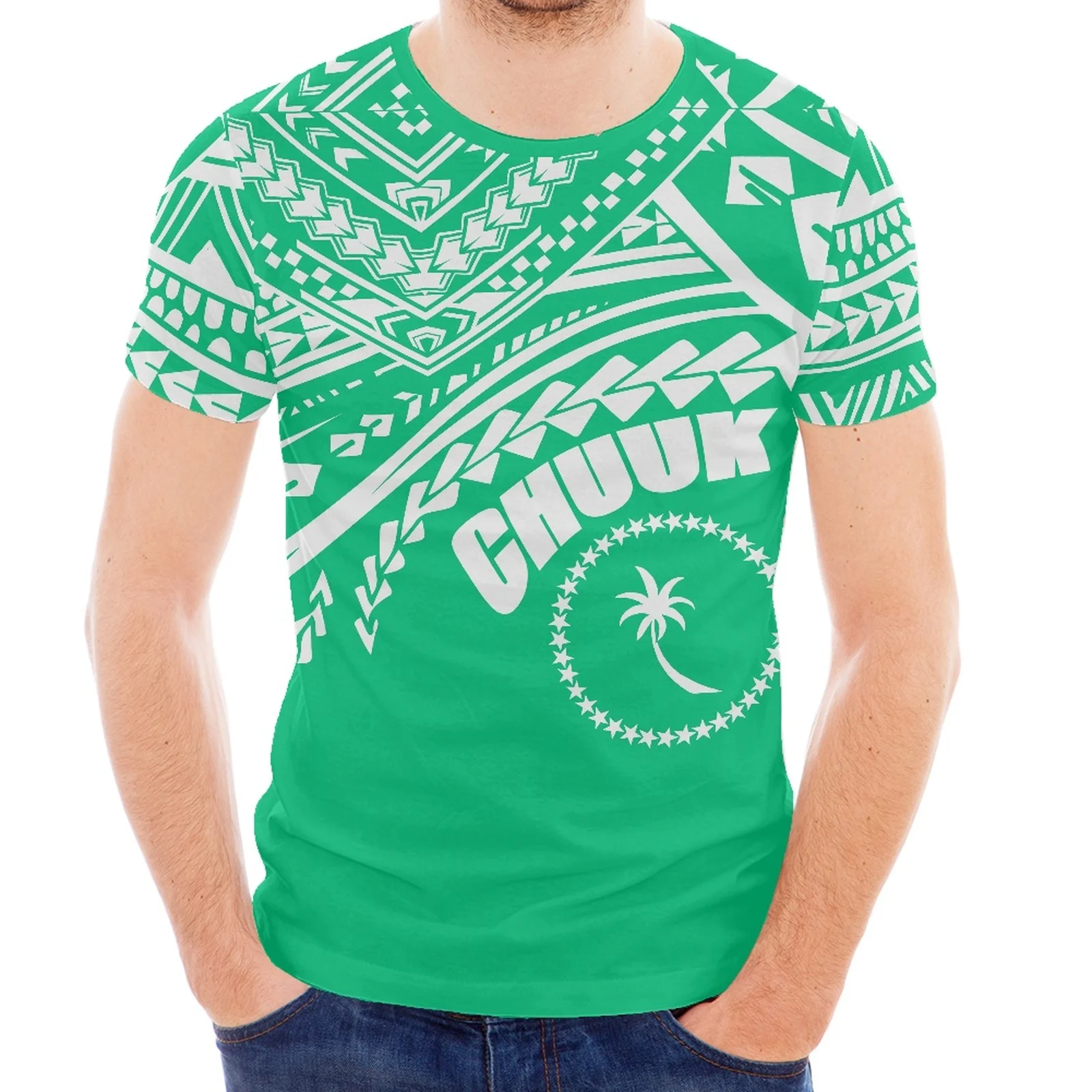 

New Kosrei Polynesian Traditional Tribal Tattoo Print Design Round Neck Short Sleeve Slim T-Shirt For Spring And Summer