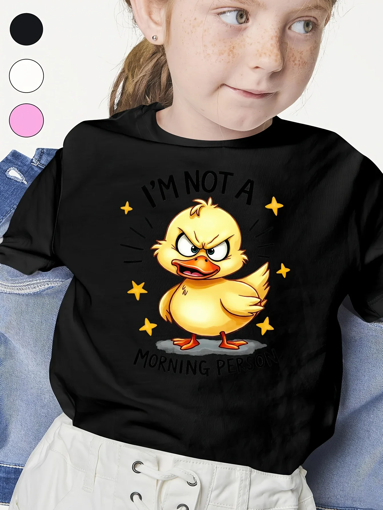 Girls I'm Not A Morning Person Angry Yellow Duck Graphic T Shirt Cute Duck Star Print Short Sleeve Kids Funny Casual Top