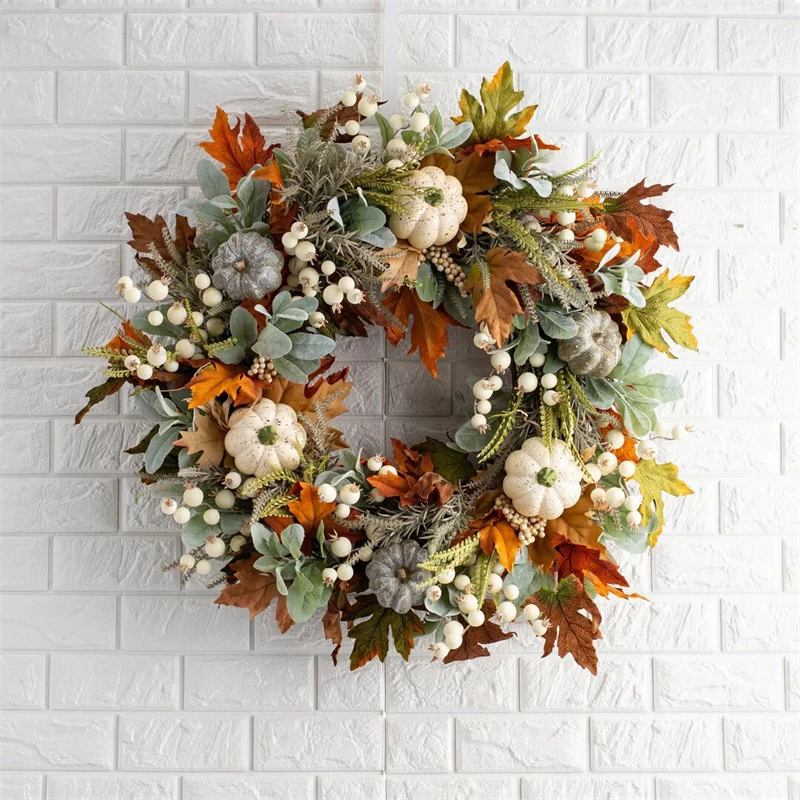 

45cm Christmas Fall Autumn Decor Wreath Garland Hanging Door Decor Pumpkin Maple Leaf Flower Garland Thanksgiving Home Decor