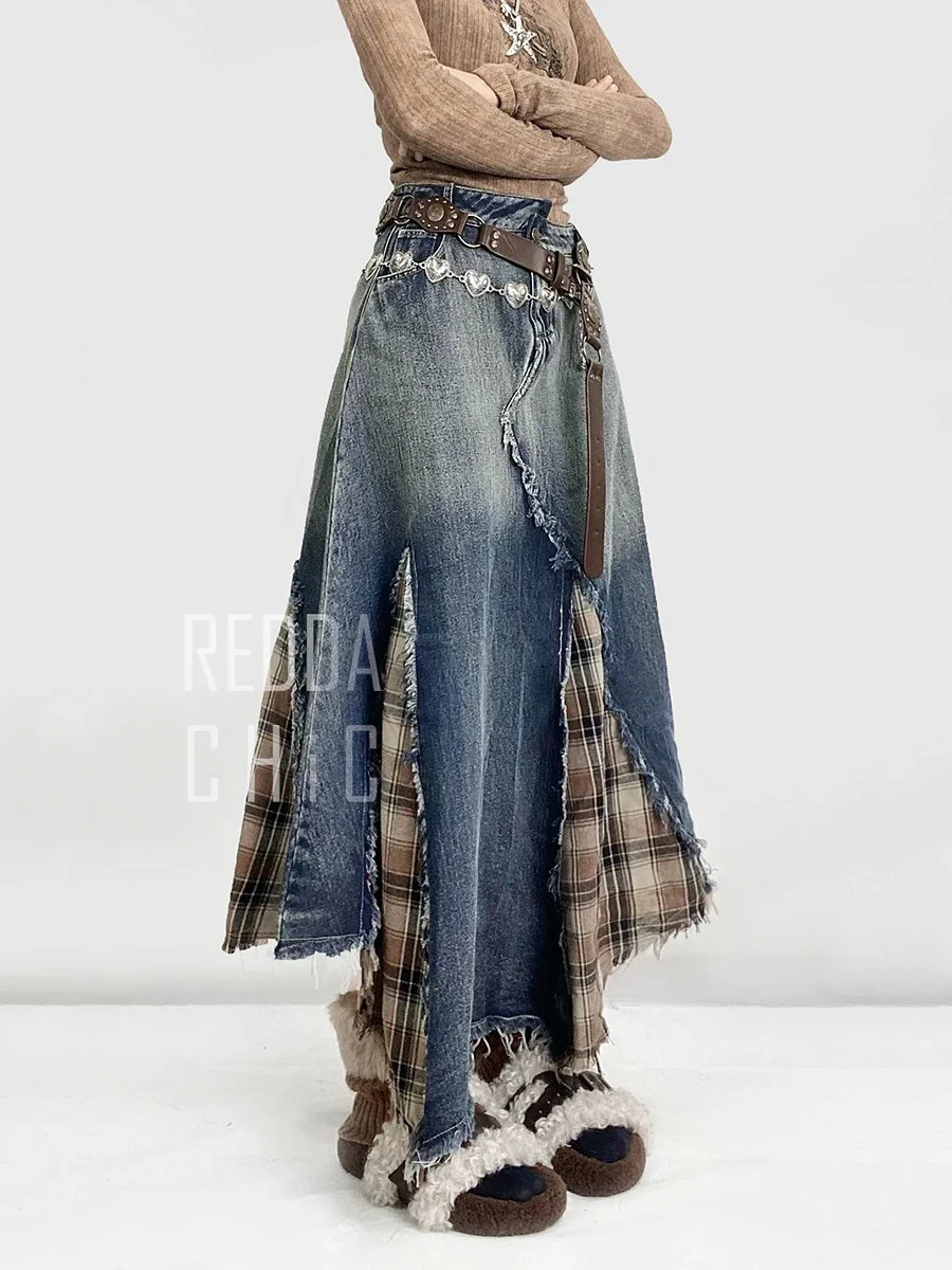 IMU Irregular Patchwork Plaid Denim Skirt Women Do Old Gradient Overlay Waist Maxi Long Jeans Skirt Y2k Retro Streetwear