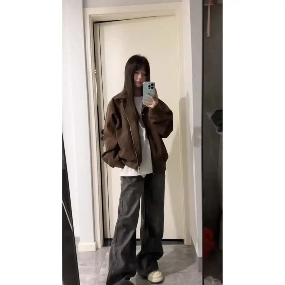 

Brown PU Leather Jaet Men Women Spring Autumn American Retro oulder Flight Leather Jaet Cleanfit Versatile Youth Casual