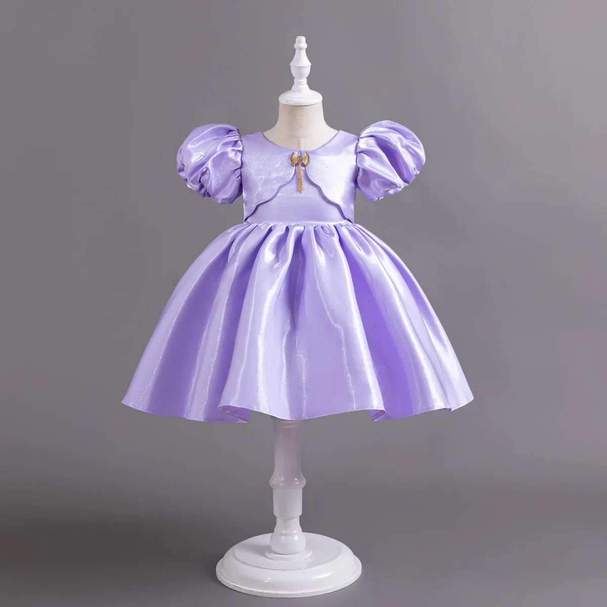 Princess Dress for Girls with Golden Brooch Retro Satin Puff Sleeve Tutu Kids Child Birthday Wedding Party Gown