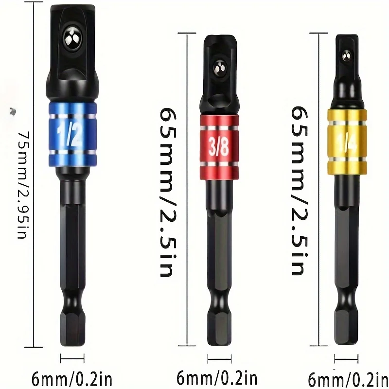 7pcs Impact Extension & Socket Adapter Set - 1/4', 3/8', 1/2' Hex Shank to Square Drive Converter Kit for DIY Home Improvement, view 4