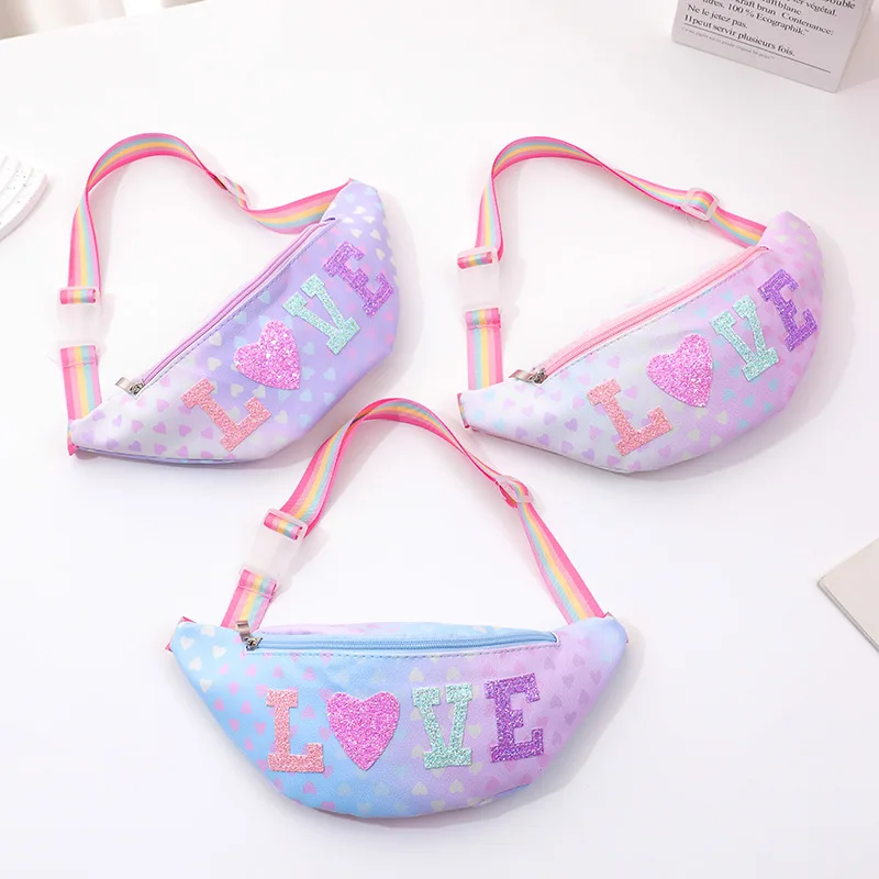 Sequins Letter Sticker Children's Shoulder Bags Rainbow Strap Girls Kids Waist Bags Lovely Baby Chest Crossbody Bag Coin Purse