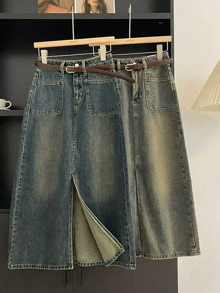 Denim 2024, new fall pear-shaped, plus-size, mid-length, slim, high-waisted, split-hip skirt