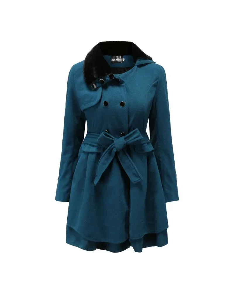 Women Jacket Slim Long Pleated Waistband Double Breasted Woolen Coat Autumn Winter Fashionable Warm Plus Size Female Clothing