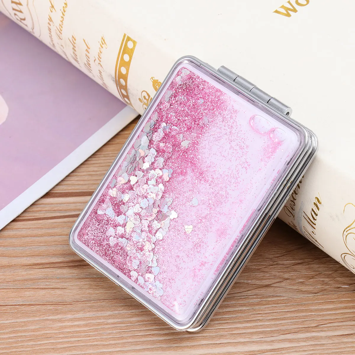 

1 шт. портативное складное квадратное зеркало для макияжа с эффектом текучего песка, двустороннее, модное, компактное, розовое, дорожное, карманное, высокого качества