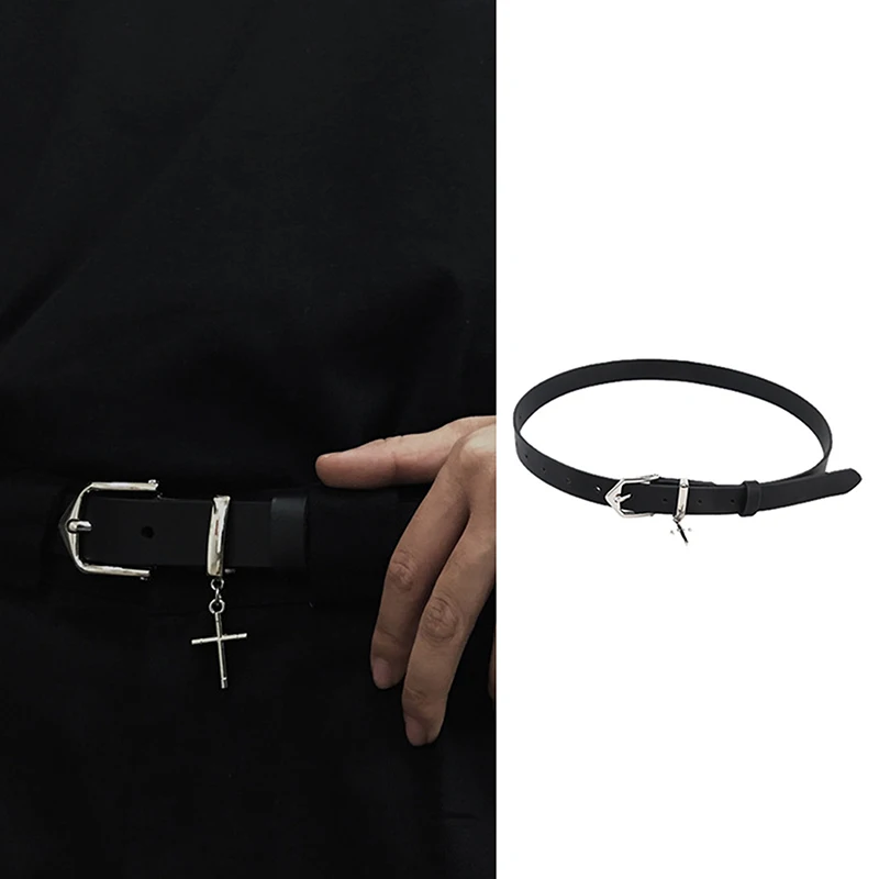 Cross Pendant Jean Pants Belt Fashion Retro Men Woman Black Thin Belts PU Leather Metal Pin Buckle Hip Hop Waistband