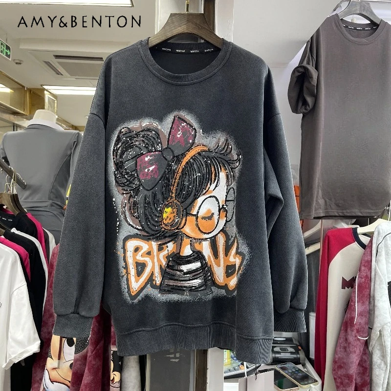 

2025 Autumn Winter New Trendy Brand Hoodies Loose Washed Dyed Sequin Embroidered Cartoon Pattern Sweatshirt O-neck Top Jacket