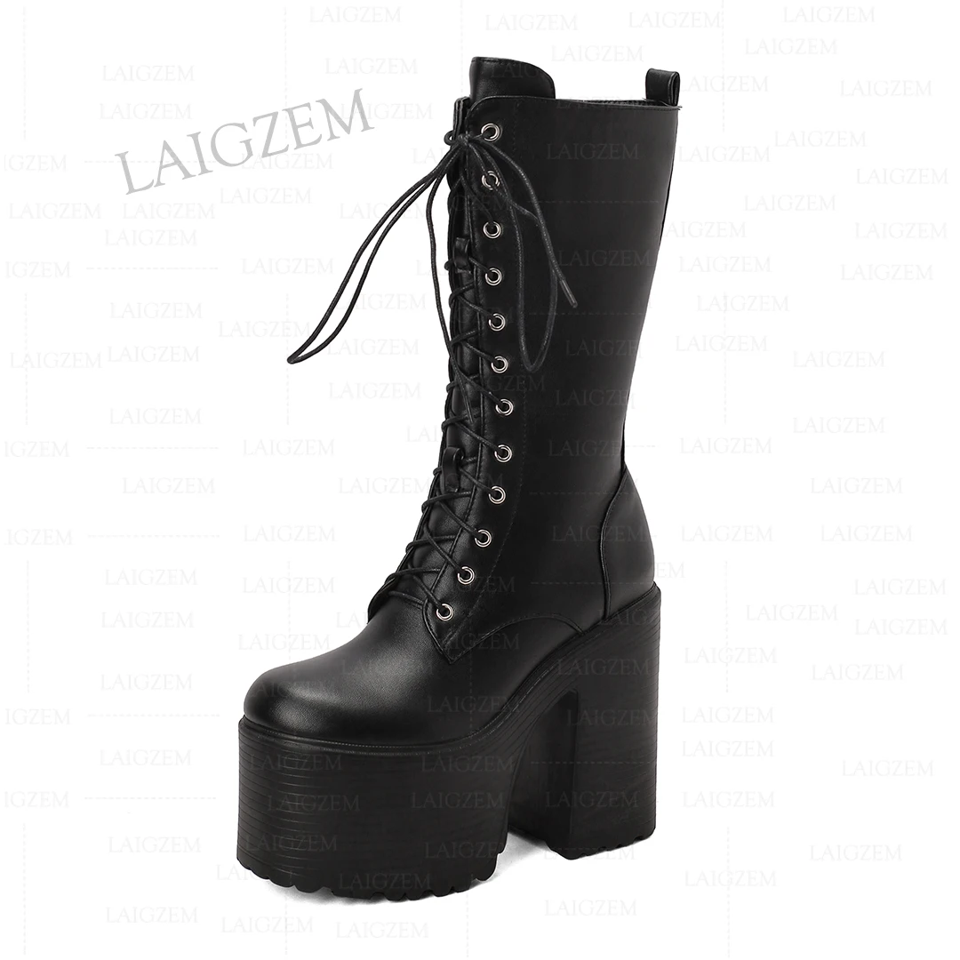 

LAIGZEM Women Calf Boots Platform Side Zip Up 14CM Chunky Thick High Heels Boots Handmade Shoes Woman Large Size 35 39 41 43