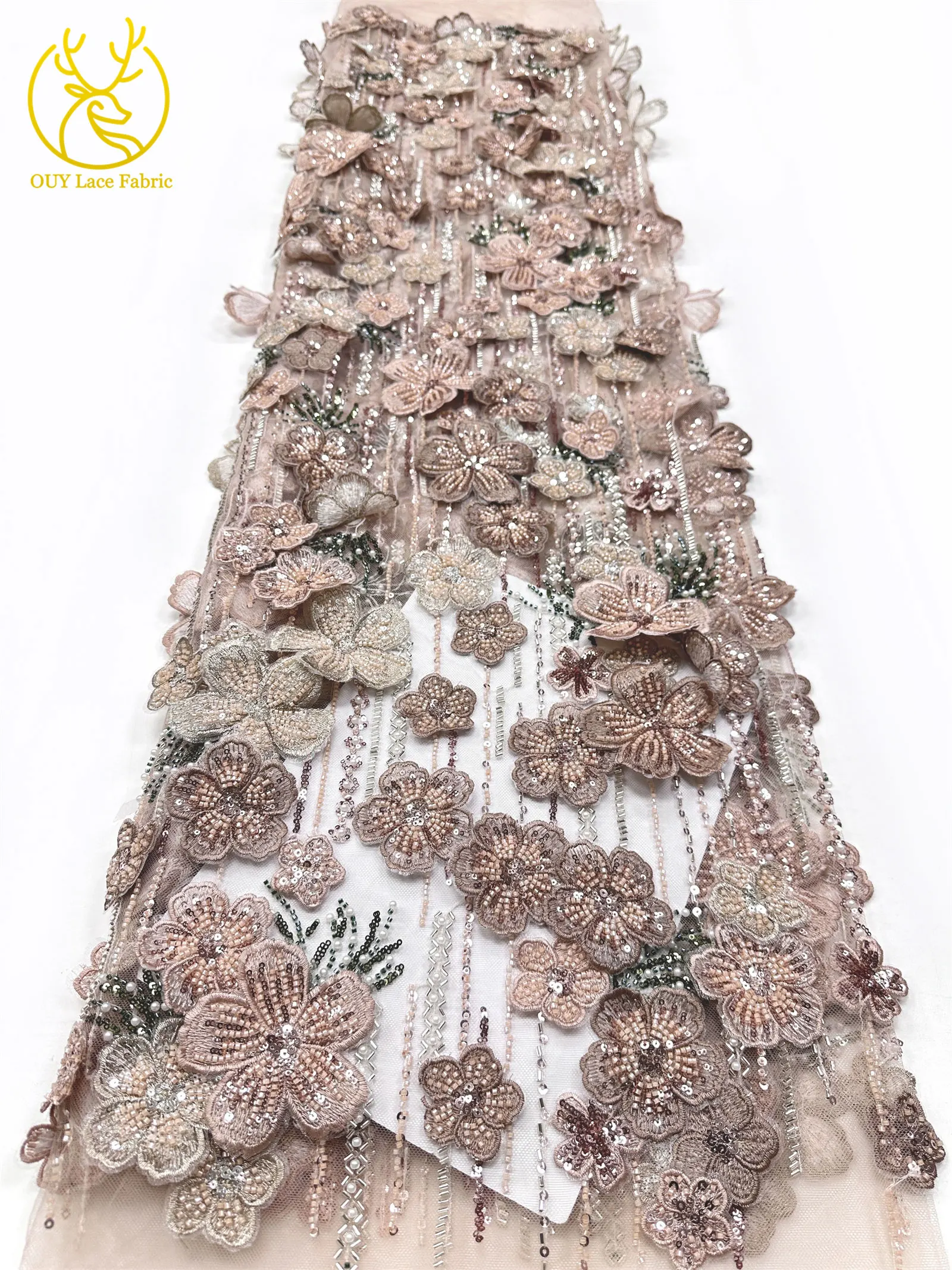 Maßgefertigter Luxus 3D Handbestickter Blumen-Spitzenstoff Hochwertige Afrikanische Perlen-Pailletten-Spitze für Hochzeitskleider und Näharbeiten – Detail 13