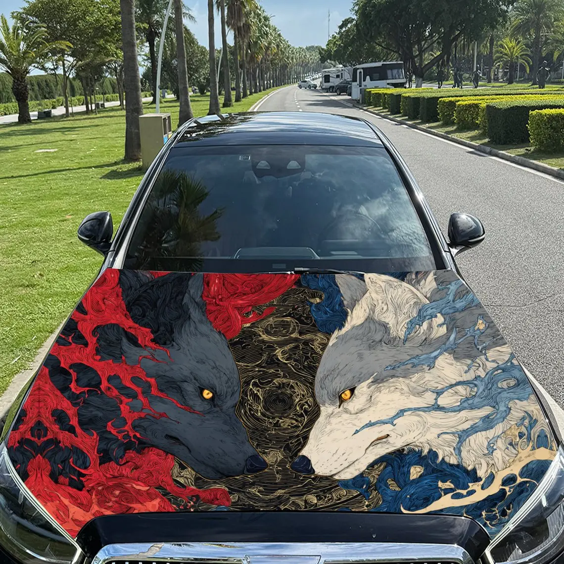 

Red - Flaming Black Wolf and Blue - Wave White Wolf Car Vinyl Wrap, PVC Material Waterproof Car Hood Sticker, Self-Adhesive Scra