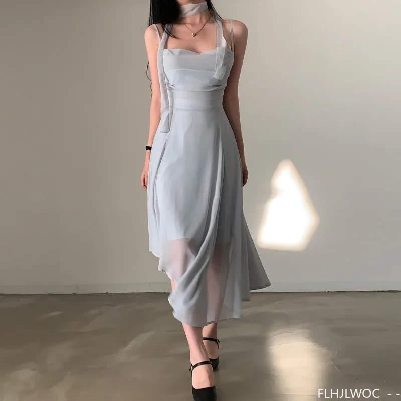 Chic วันที่สาว SHEER ชุดวันหยุดเจ้าสาวภาษาฝรั่งเศสคําสไตล์สาวน่ารัก LACE-Up Bow Tie ไม่สมมาตร Hem ชุดผู้หญิง vestidos