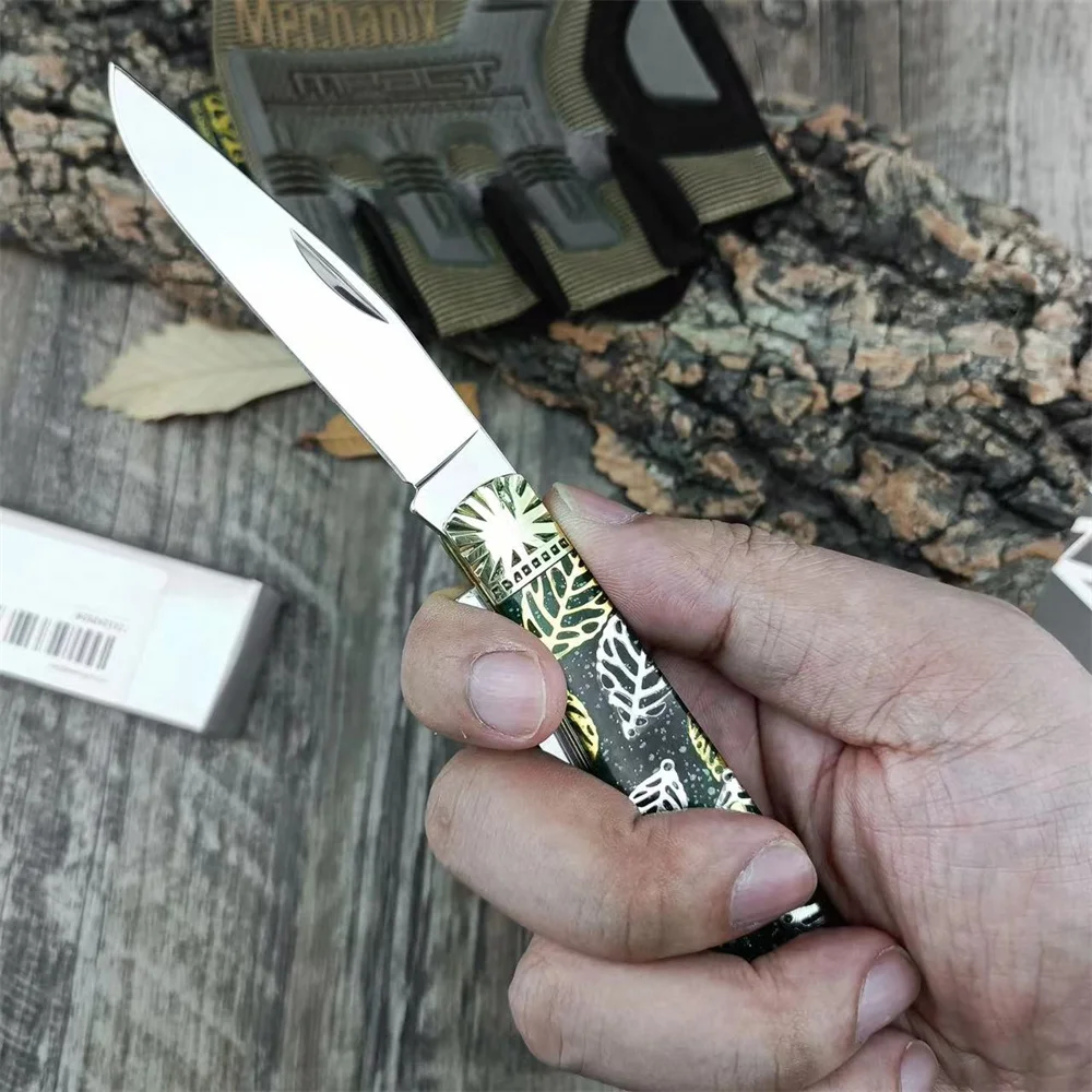 NEW High Quality Folding Pocket Knife Double 440C Blade Brass + Resin Handle Outdoor EDC Survival Camping Hiking Hunting Tool