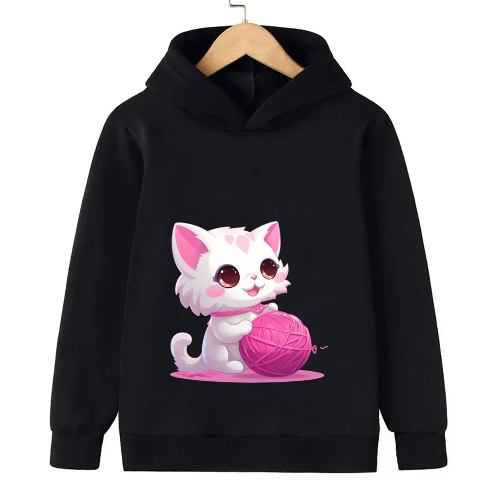 Gato dos desenhos animados impresso moletom com capuz para crianças, adolescentes, meninas, meninos, outono moda casual moletom de manga comprida