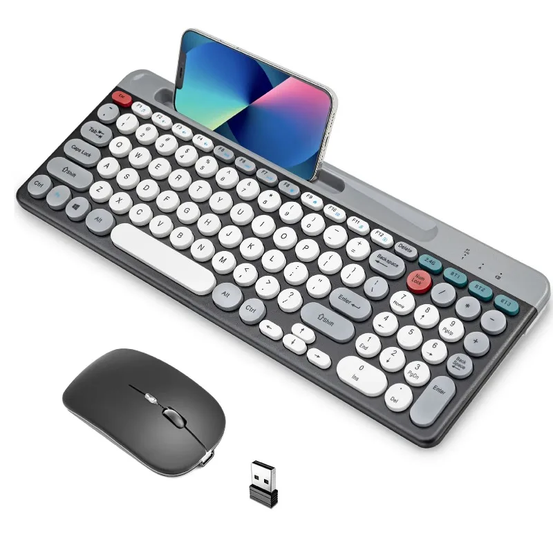 

Keyboard Mouse Set Dual Mode Wireless Bluetooth Keyboard Mouse Vintage Round Keycaps Keyboard and Mouse for Game Type