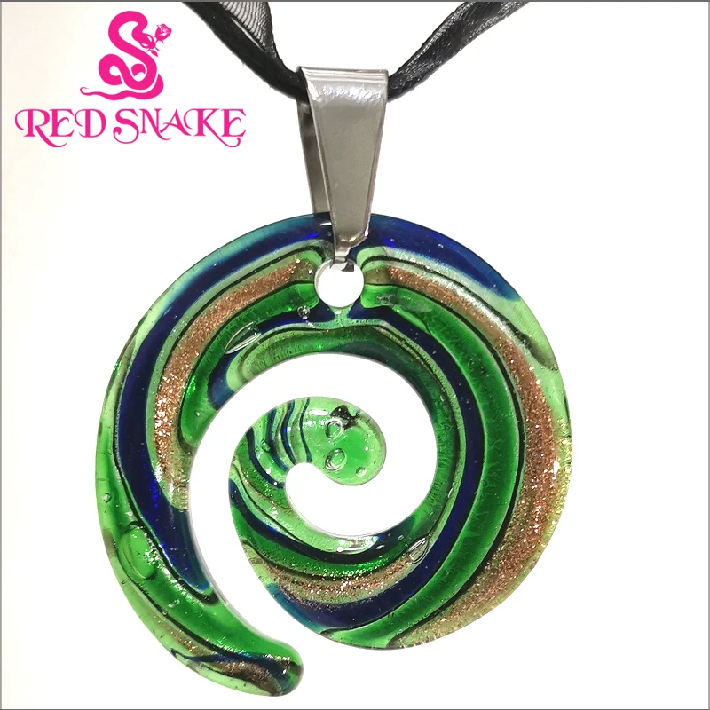 

RED SNAKE Murano Glass Green Multi Color Abstract Nebula Corkscrew Spin Round Pendant Necklaces