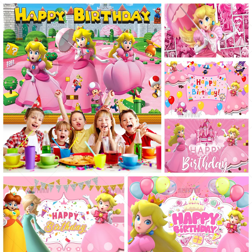 

Pink Princess Peach Theme Background Girls Birthday Party Decoration Baby Shower Banner Children Photo Background Party props