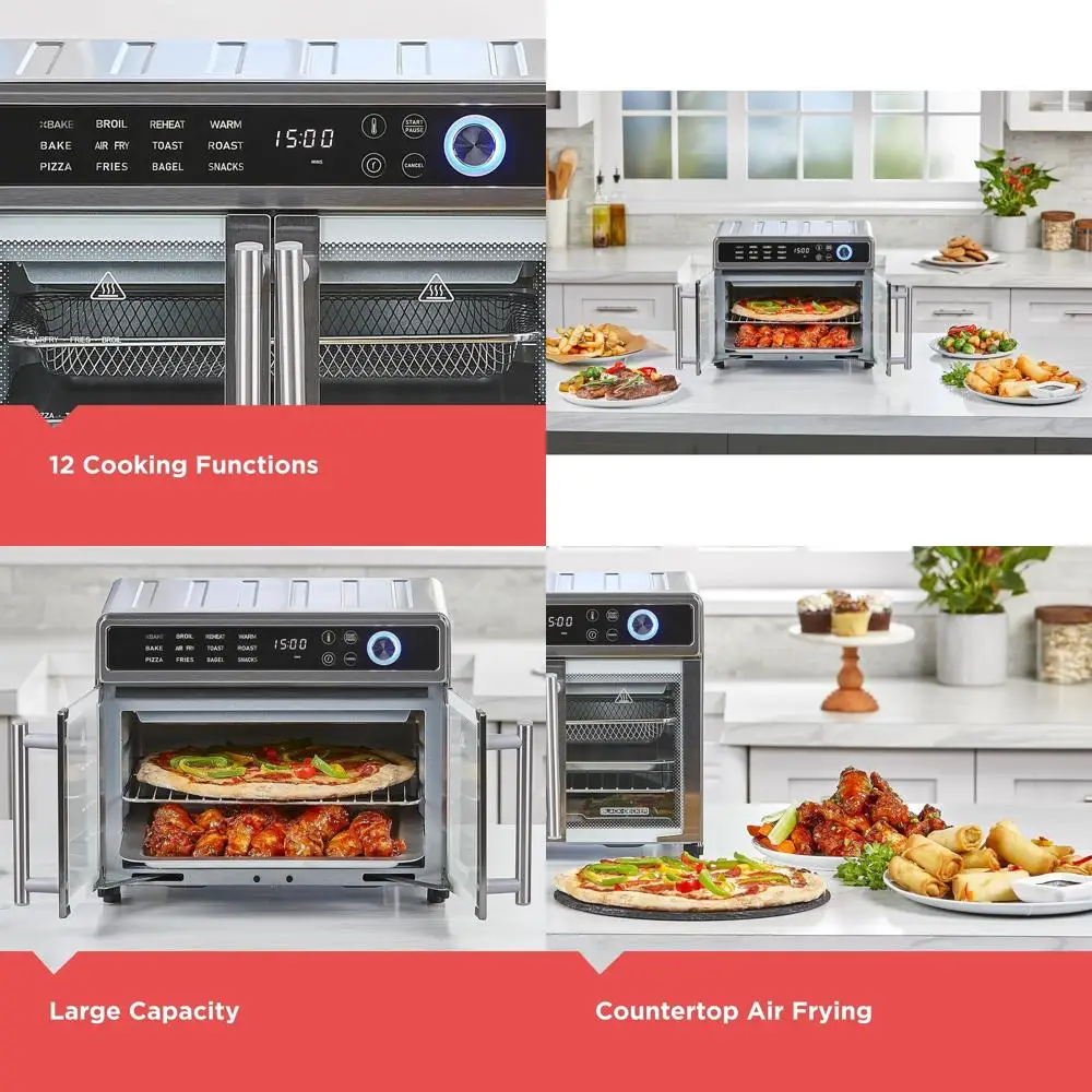 فرن محمصة مقلاة هوائية 12 في 1 من بلاك اند ديكر: الحمل الحراري يطهي بسرعة، يناسب البيتزا بالكامل، الفولاذ المقاوم للصدأ