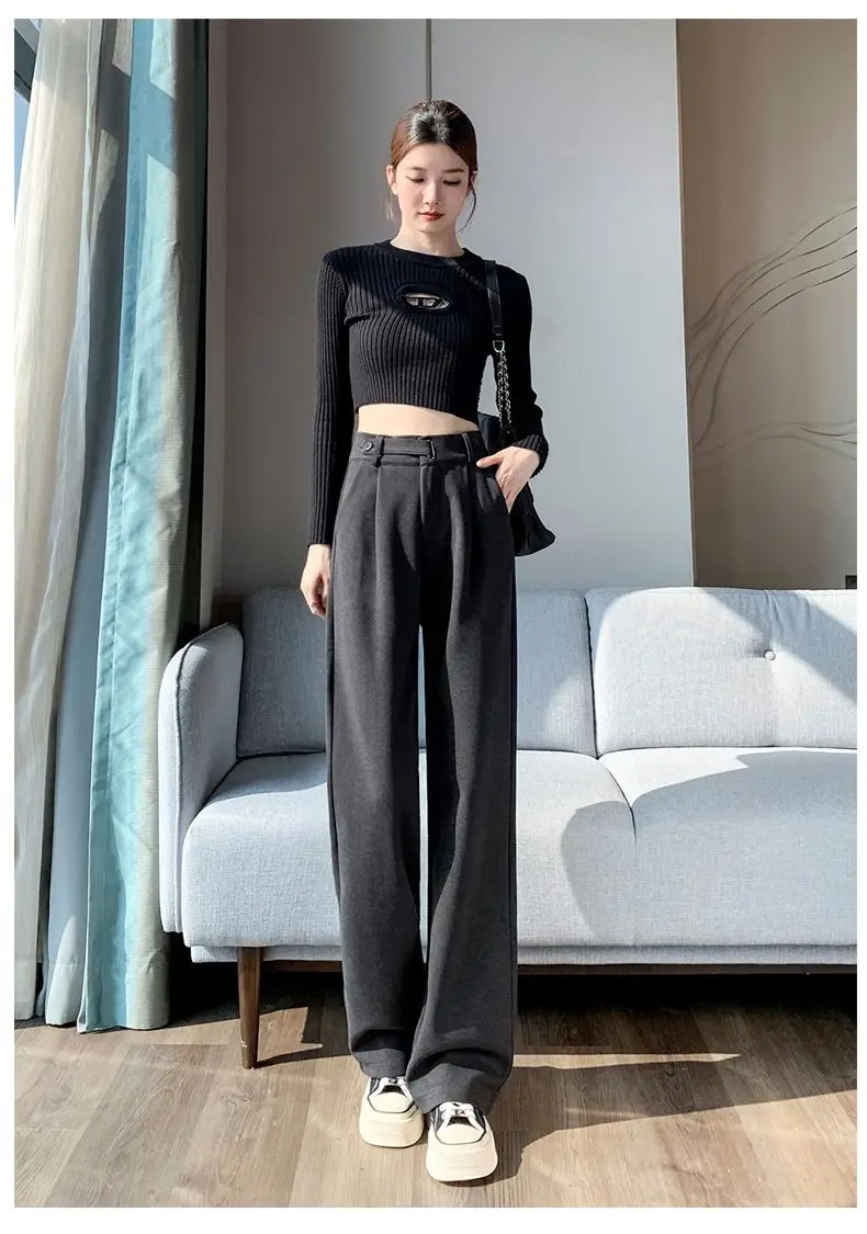 Brown Woolen High-end Suit Pants for Women in Autumn and Winter 2023 New Narrow Version Straight Wide-leg Pants with Drape
