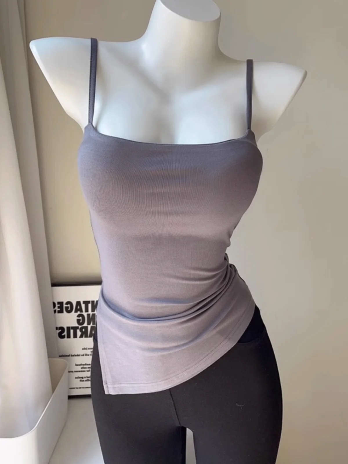 American Style Grey Small Strap Vest Women's Outerwear Summer Suit Inner Match Beautiful Back Bra Integrated Chest Pad Top