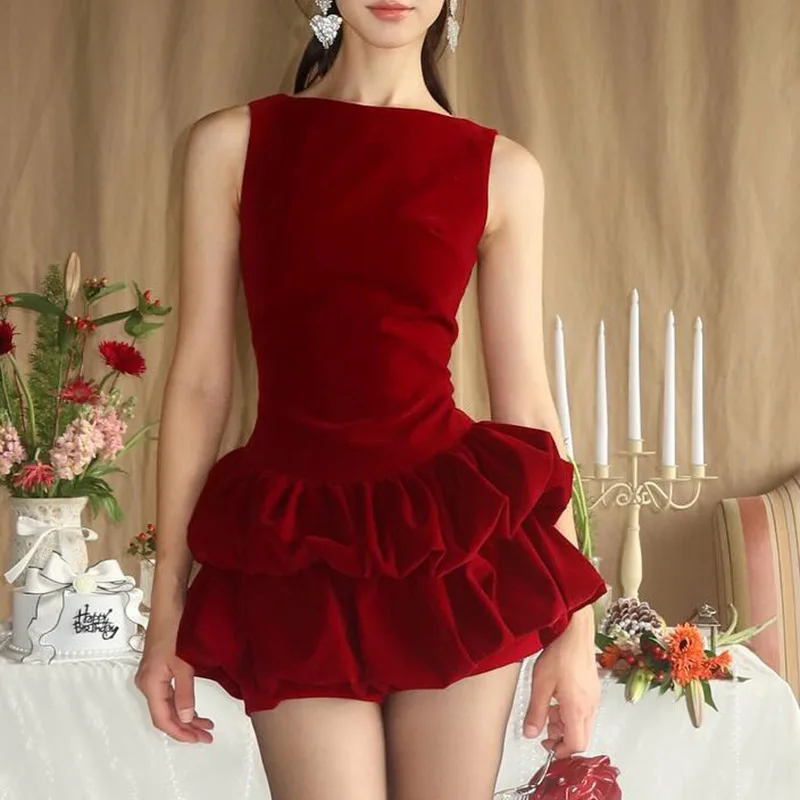 Velvet O-neck Vest Dress Black Solid High-end Sleeveless Short Vestidos Elegant Luxury 2026 New Fancy Pleated Dresses for Ladies