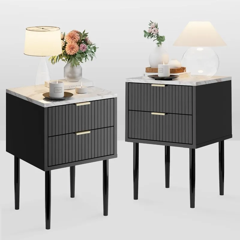 

An uy Black Marble Nightstands Set of 2 with Gold Handle, Striped Night Stand with Drawers, End Side Table with Faux Marble Top,