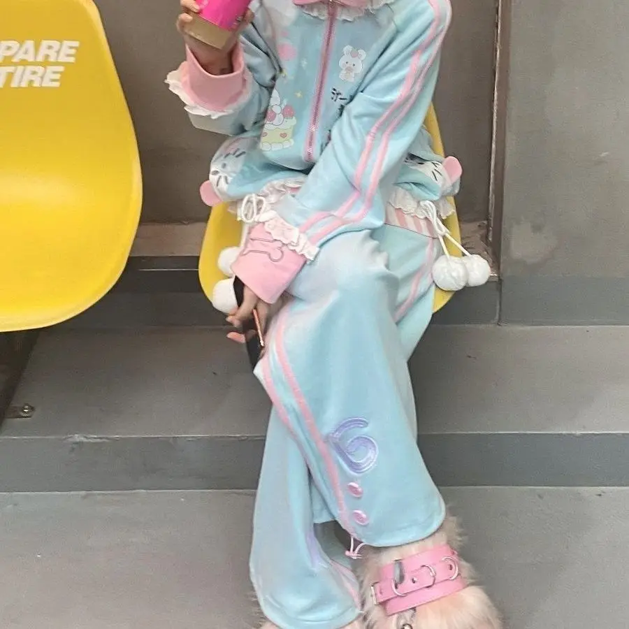 ربيع الخريف رداء غير رسمية اليابانية الكرتون سحاب أكمام طويلة سترة + السراويل فضفاضة 2 قطعة مجموعات ملابس نسائية Y2k الدعاوى #3