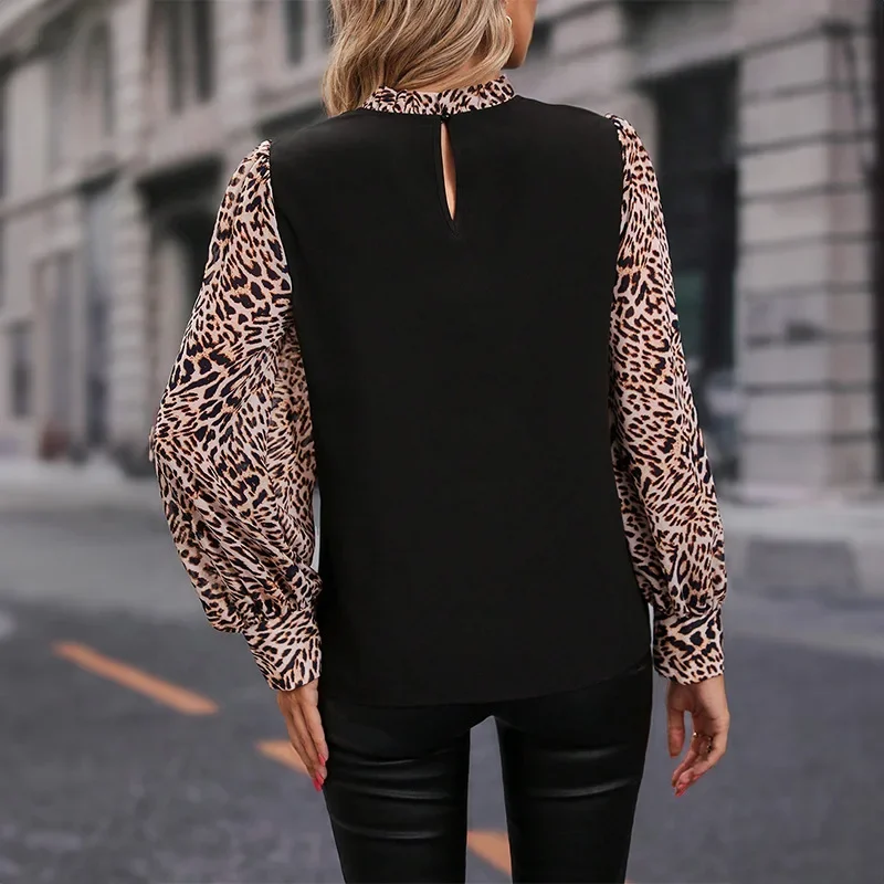 2024 neue Frauen Leopard Laterne Ärmel Pullover Hemden Mode Frühling Herbst Büro Dame o Hals Tops Patch worn T-Shirts nasy0011