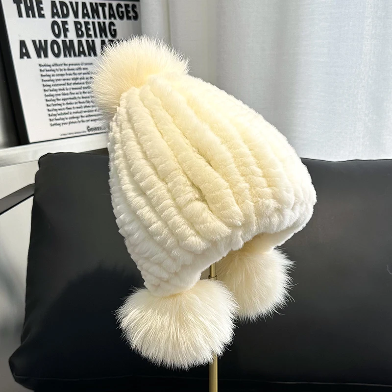 2026 New Rabbit Fur Hat Winter Thick Fur Snow Cap Women Furry Fox Fur Ball Warm Ear Protection Hat Female Genuine Fur Beanies