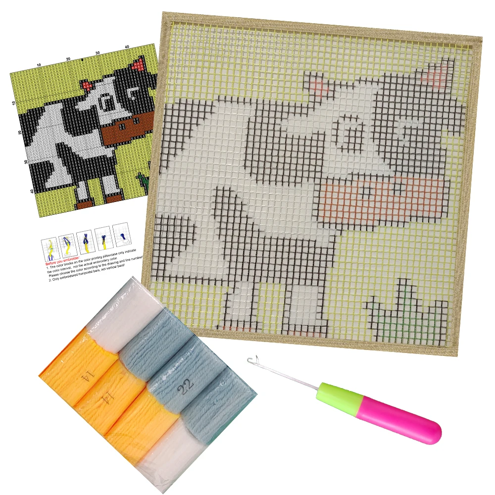 Latch Haak Kits Voor Volwassenen Kinderen Dieren Diy Gehaakte Garen Tapijten Haken Kit Met Kleurrijke Voorbedrukte Canvas Koe