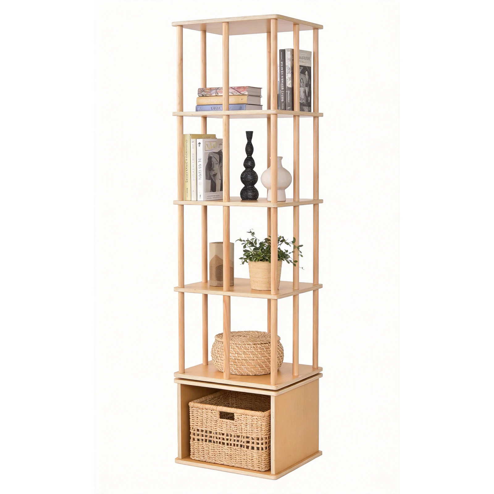 5 Tier Rotating Bookshelf 360 Revolving, Solid Wood Floor Standing Bookcase Storage Rack Space Saving Organizer for Small Spaces Corner Bedroom Living Room Nursery